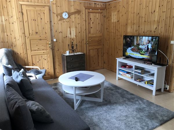 Vardagsrum med soffa och TV i Lillstugan. 