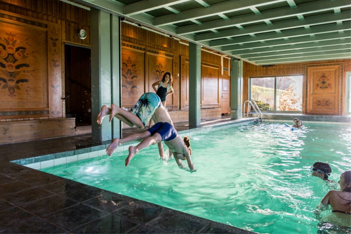 Two boys diving into the pool in a room with several dalecarlian paintings on the walls. 
