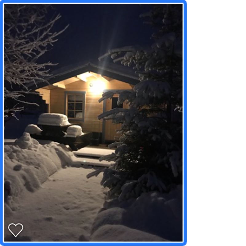 A small cottage in the darkness with light on the entrance and lots of snow on the trees and outdoor furniture. 