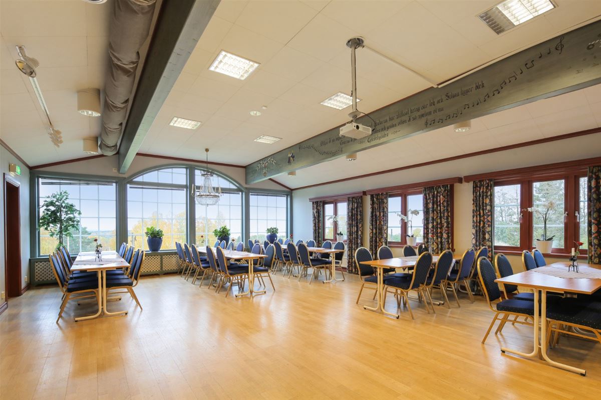 Large room with lots of windows and groups of tables and chairs. 