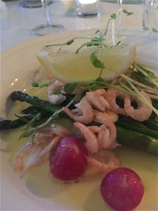 Plate of asparagus, shrimp, lemon.