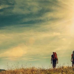 Two hikers with backpacks walk on a hiking trail in the sunshine.
