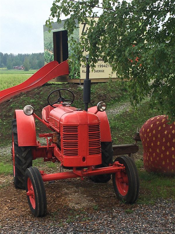 Röd traktor, i bakgrunden en orange rutschkna.