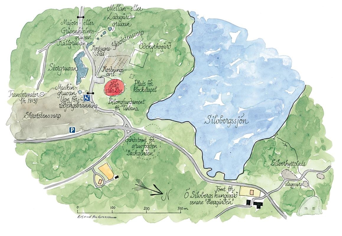Karta över området vid Östra Silvbergs gruvor.
