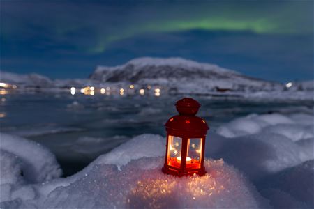 candle on snow under northern lights
