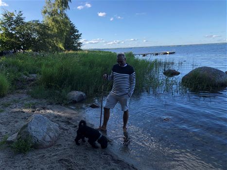 Hund med husse på strand