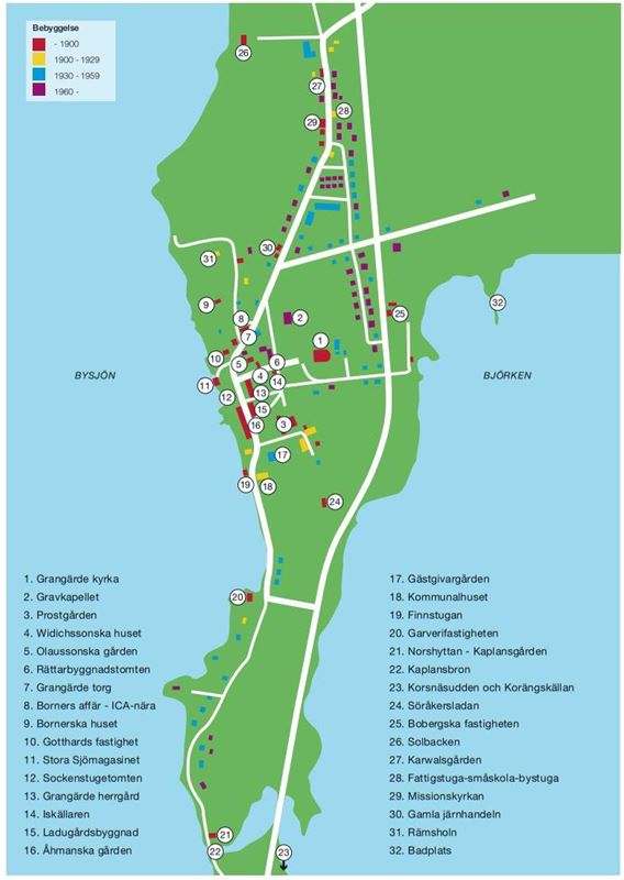 En karta över Grangärde kyrkby.
