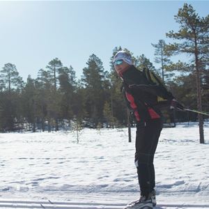 En man åker längdskidor. 