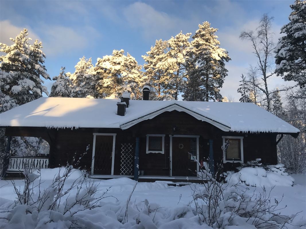 Timber cottage in snow landscape.