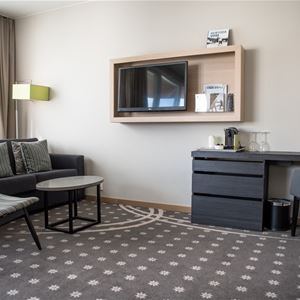 Golvteppe, tv og god plass med stoler på hotellrommet