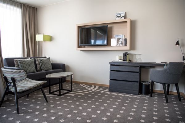 Golvteppe, tv og god plass med stoler på hotellrommet 