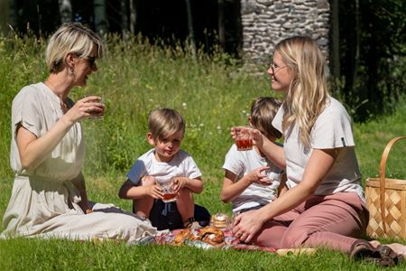 Två kvinnor och två barn som har picknick i gräset, fikakorg och fika, slaggstenspelare i bakgrunden.