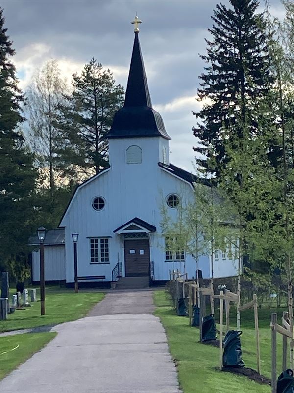 The white chapel with entrance and aisle in front and newly planted birches on the side.