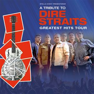 Affisch, sex män, text a tribute to Dire Straits, en inklippt gitarr i röda fyrkanter, blå bakgrund, publik i nederkant.