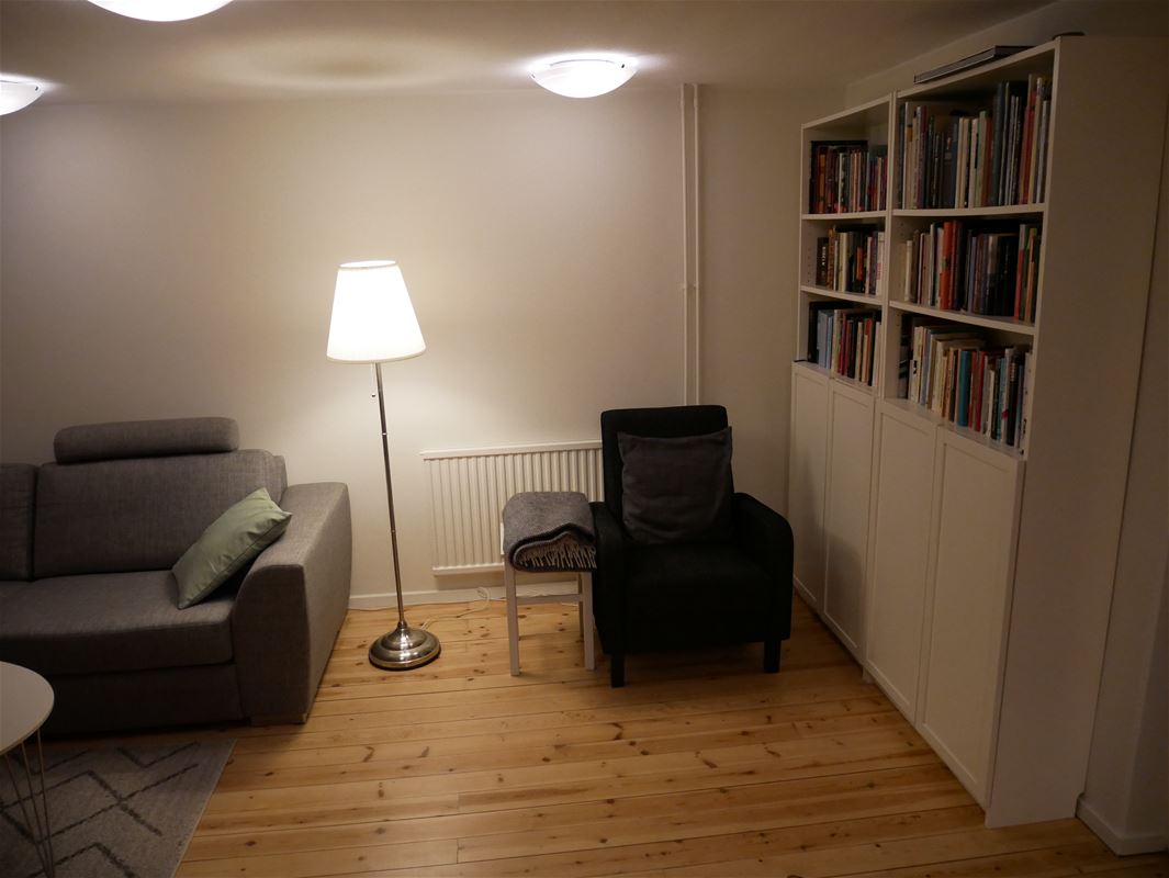 Rum med bokhylla, fåtölj och soffa.
