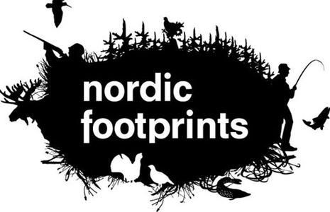 Loggo för Nordic Footprints med svart bakgrund och skog och djur tecknat runt kanterna.