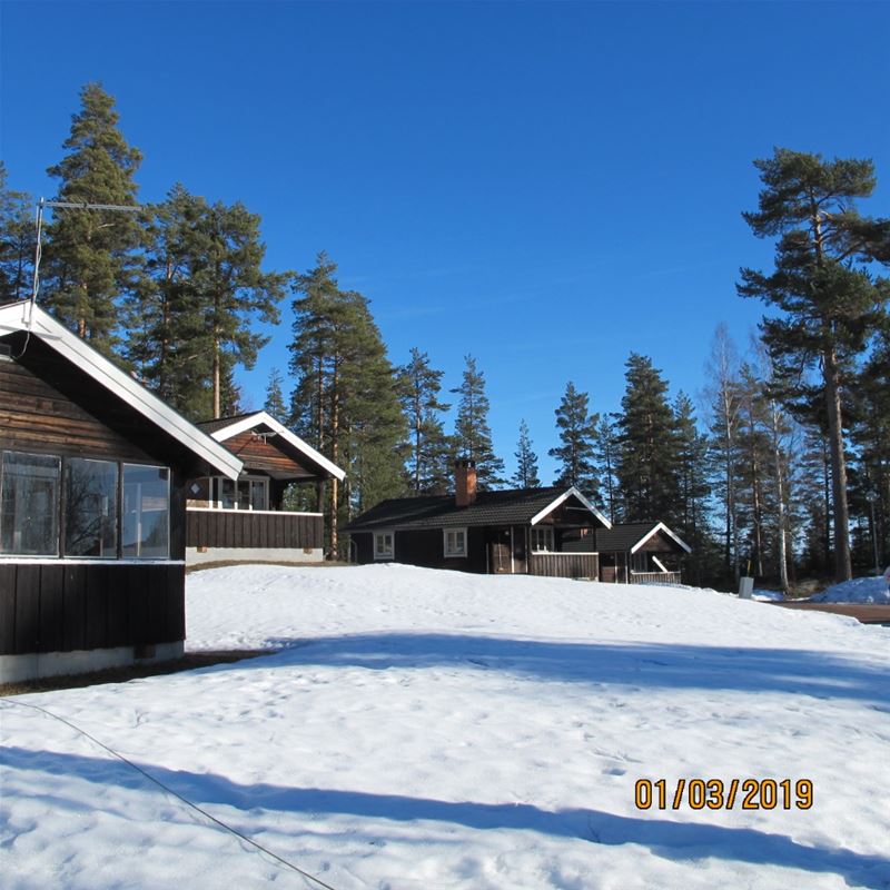 The grey cottages on a snow-covered lawn. 