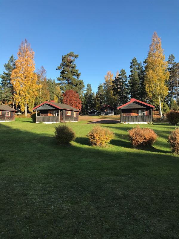 Three grey timber cottages on a green lawn. 