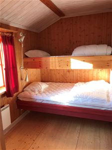 Bunkbed in a room with pine walls and floor. 