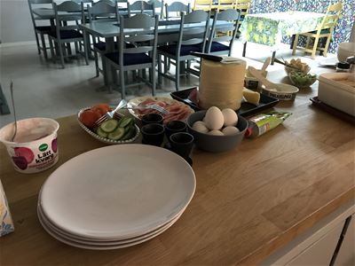 Breakfast on a table. 