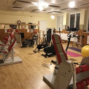 Exercise machines in a gym.
