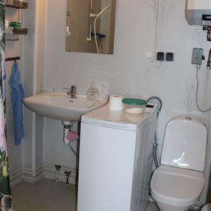 Badrum med toalett, tvättmaskin och dusch.