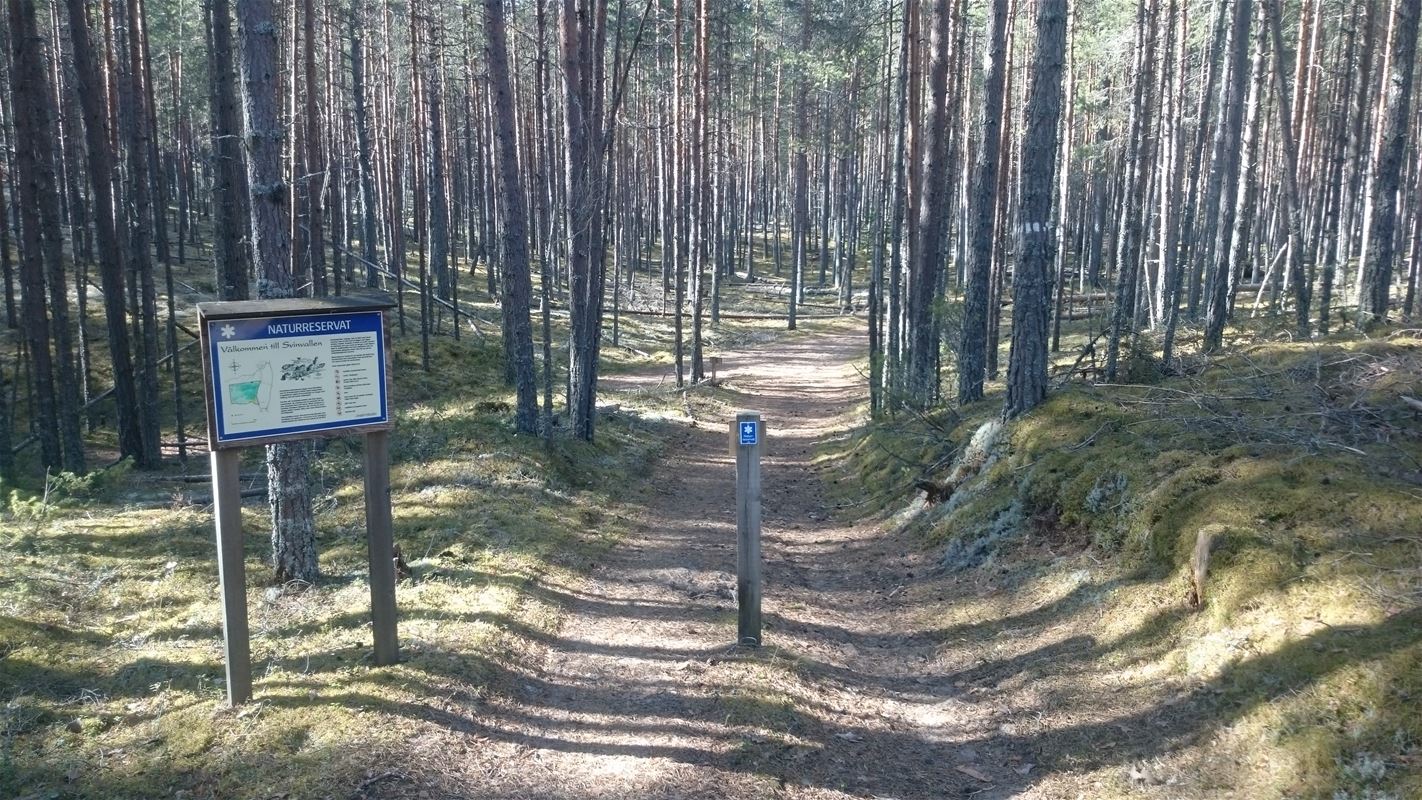 Sign with information and deciduous forest around a path in the middle.
