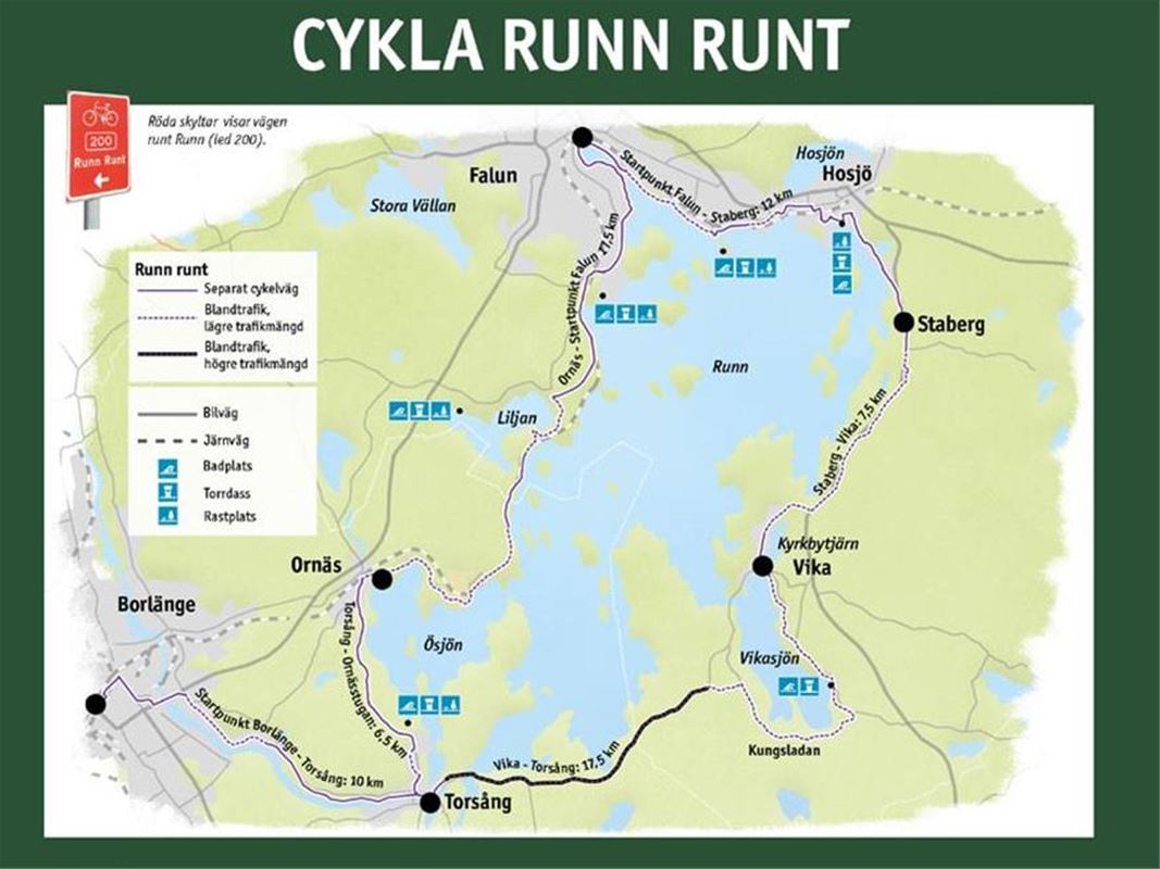 En karta över vägen runt Runn med markeringar för rastplatser, badplatser och annan bra information.