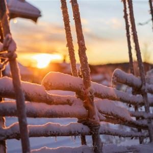 Details from dalecarlian fence with snow in the sunset. 