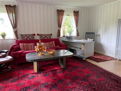Vardagsrum med soffa och en stor röd matta.
