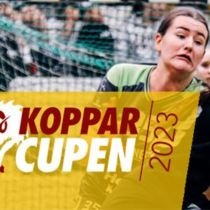 Två tjejeer som spelar handboll, logga Kopparcupen 2023.