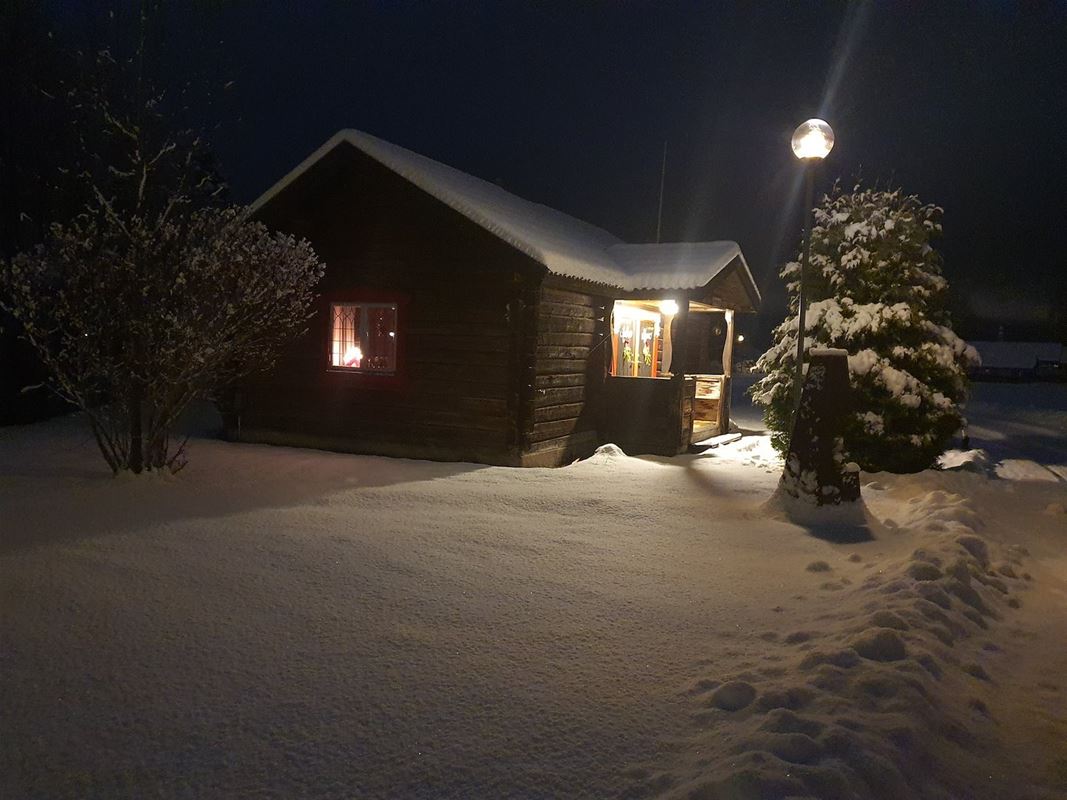 Timbercottage lighted up in the winter darkness. 
