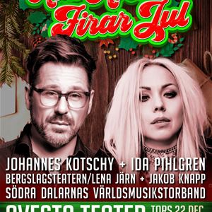 Foto: David Elfström Lilja,  © David Elfström Lilja, Affisch, Hela Avesta firar jul, text om evenemanget, en man i glasögon och en kvinna blont axellångt hår.
