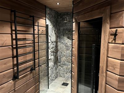 A bathroom with a sauna.