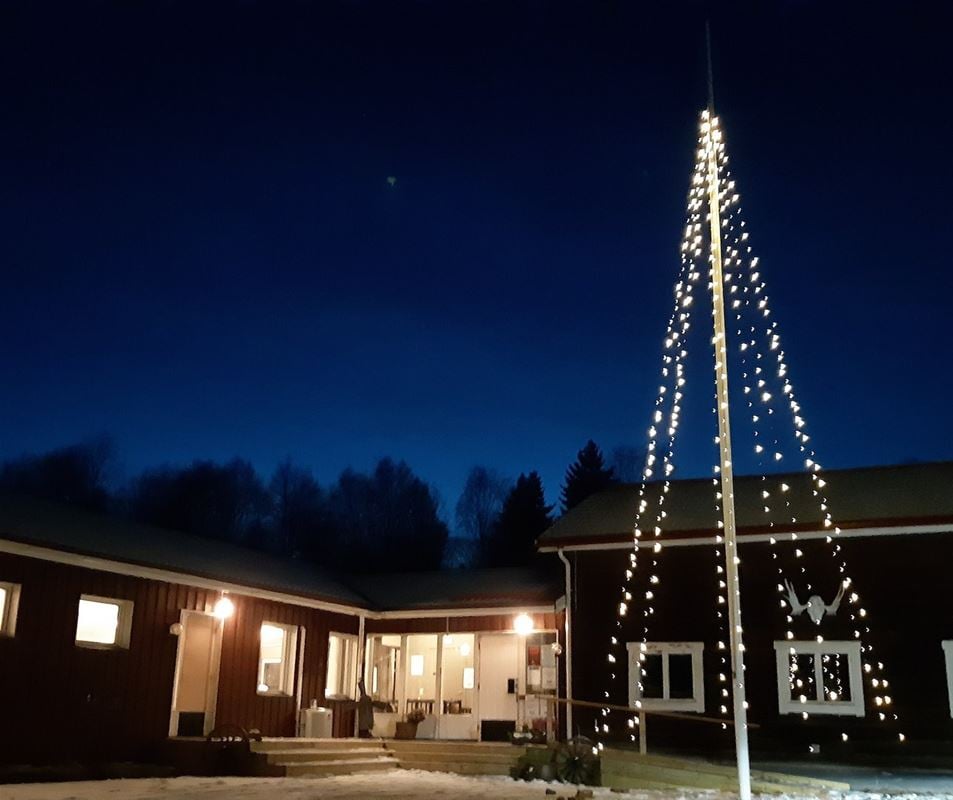 Hornberga gård en vinternatt med belysning i flaggstången. 