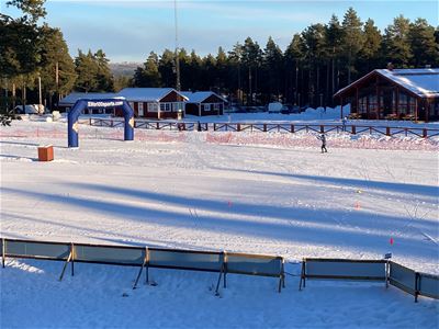 Ski track with buildings around.