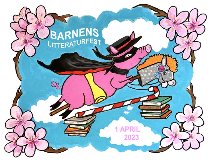 En rosa gris hoppar käpphäst över ett hinder med en polkagris och travar med böcker.