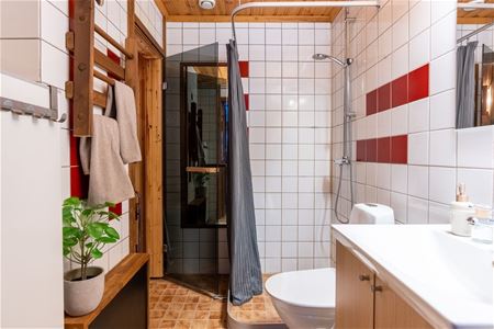 A bathroom with sauna.