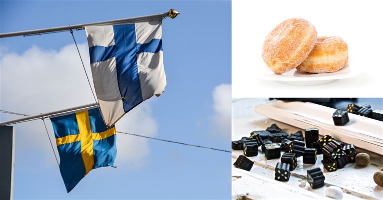 Ett bildkollage med svenska och finska flaggan, munkar och lakrits.,