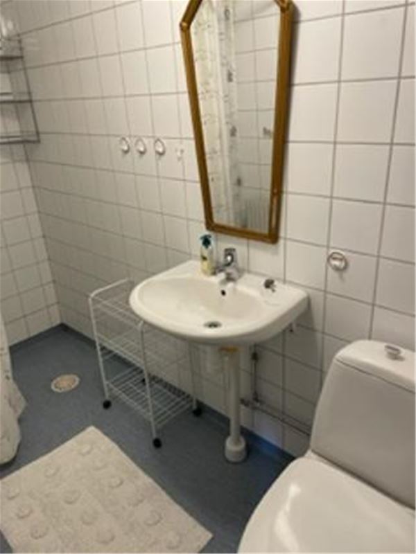 Toalett och handfat med spegel ovanför. 