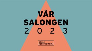 Dekorativ bild i färgerna blågrön och orange, med texten "Vårsalongen 2023" över, plus Gävle Konstcentrums logotyp.
