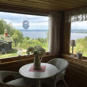 View over Lake Siljan through large windows. 