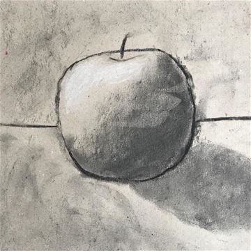 Ett äpple ritat i svart och grått.