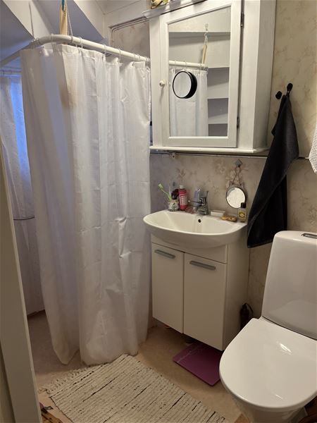 Badrum med dusch, wc och handfat. 