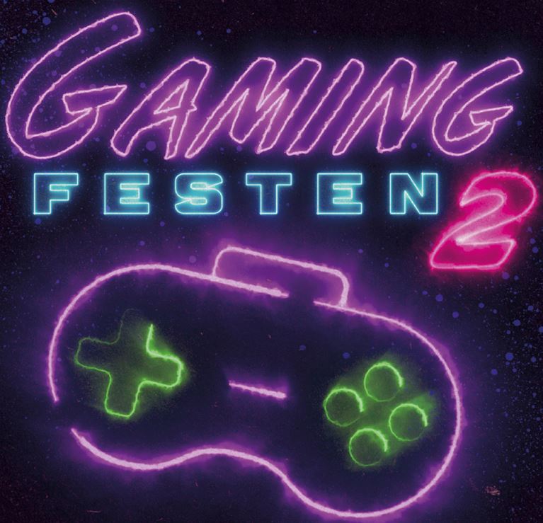 En logotyp där det står Gamingfesten 2 samt en tv-spelskonsol i neonfärger