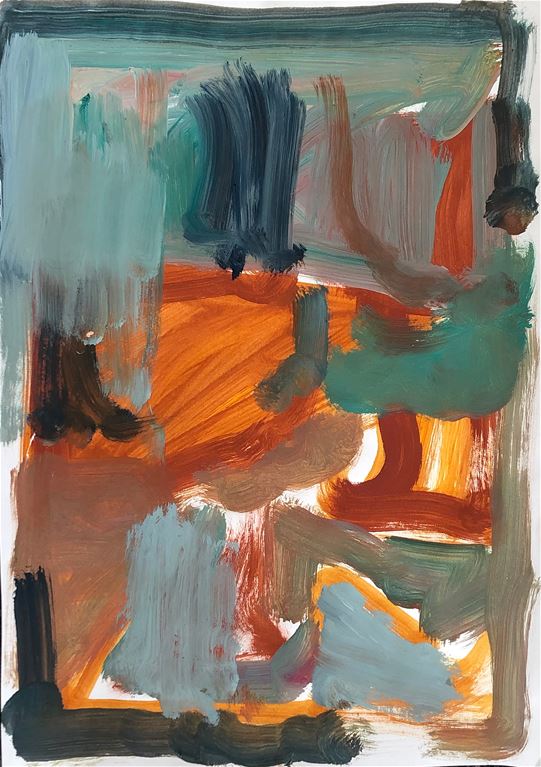 Abstrakt målning av Jacob, grå, orange, gul, svart, röd.