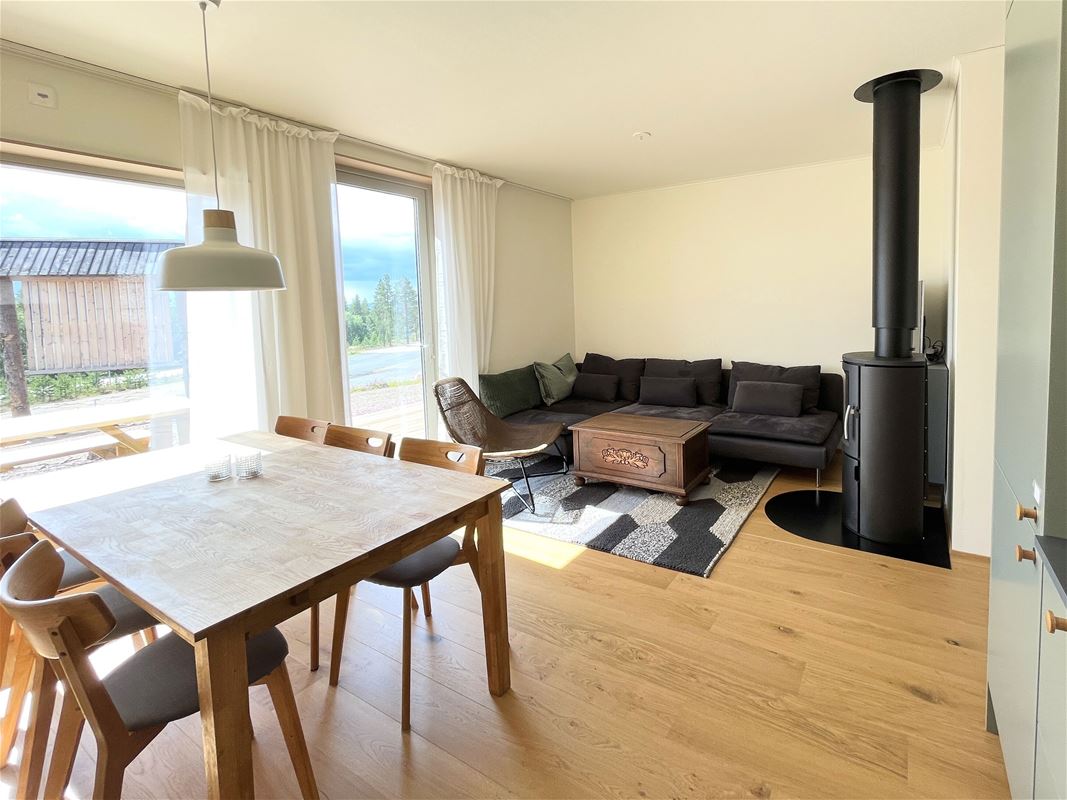 Allrum med soffa och kamin.