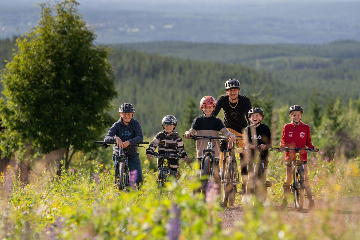 Familj som står med sina cyklar på toppen av ett berg-