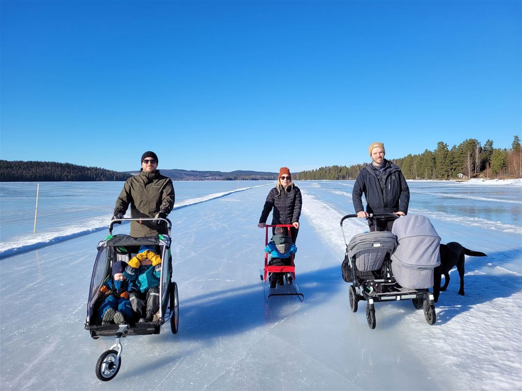 Two families walking on the ice. 