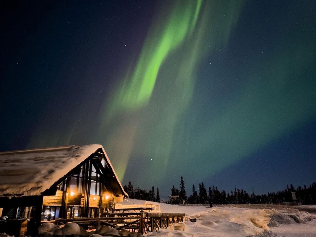 Northern lights over a wintry landscape with a cabin on the side.